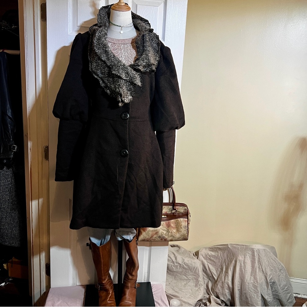 Victorian Inspo Wms Ruffle‎ Knit 100% Cotton Fit&Flare Boho Midi Coat Brown XL
